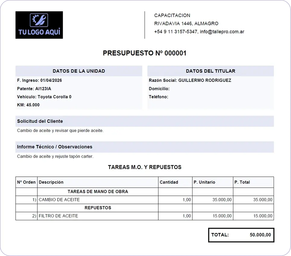 Presupuesto o informe generado por TallerPro